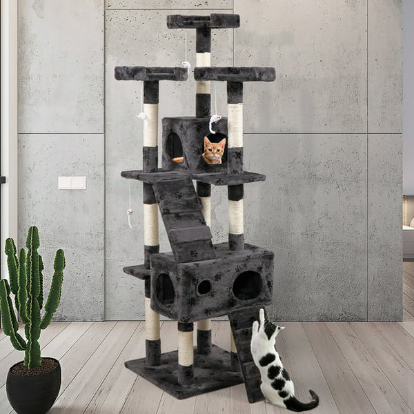 Coziwow 67" Cat Tree & Condo Scratching Post Tower, Gray with Paws