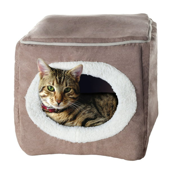 Cat House - Indoor Bed with Removable Foam Cushion - Cat Cave for Puppies, Rabbits, Guinea Pigs, and Other Small Animals by PETMAKER (Light Brown)