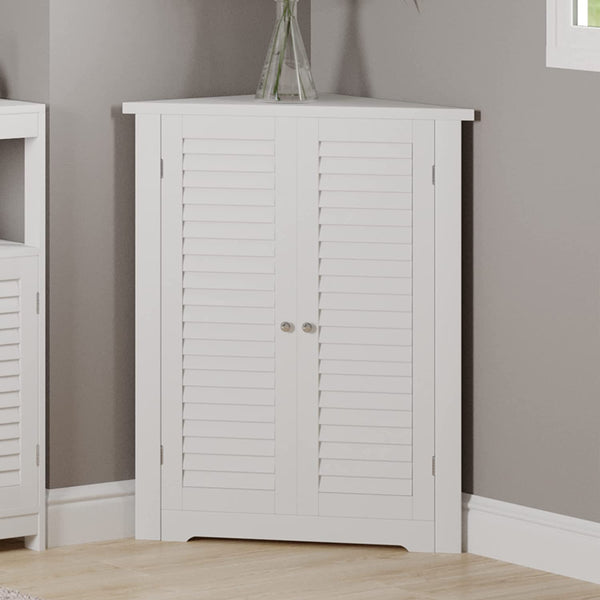 Lavish Home 3-Shelf Corner Cabinet – Storage Cupboard with Stylish Shutter Doors and Adjustable Shelves for Kitchen or Bathroom Furniture (White)