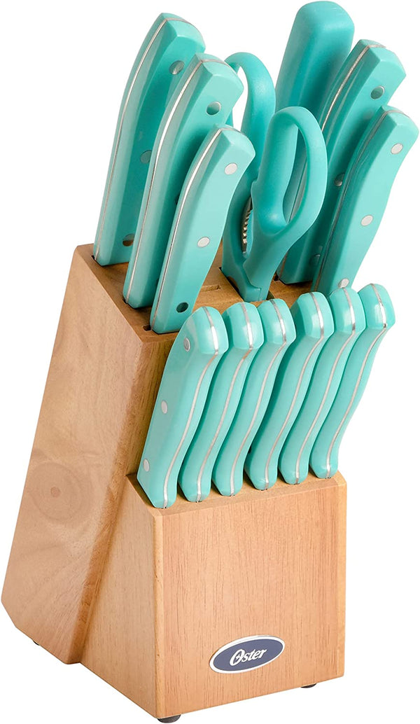 Oster Evansville 14 Piece Cutlery Set, Stainless Steel with Turquoise Handles -