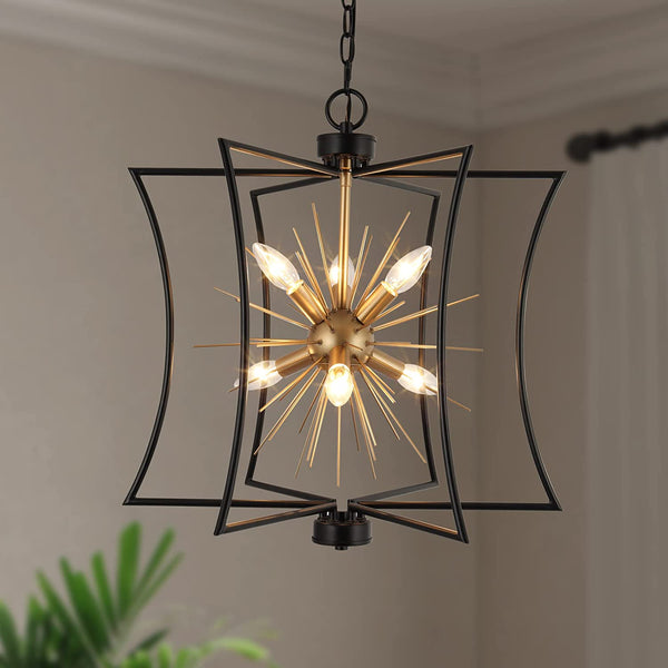 Durent Lighting Modern Black and Gold Chandelier, 6-Light Sputnik Pendant Chandelier Light Fixture with Starburst Design for Dining & Living Room, Bedroom, Kitchen, and Foyer