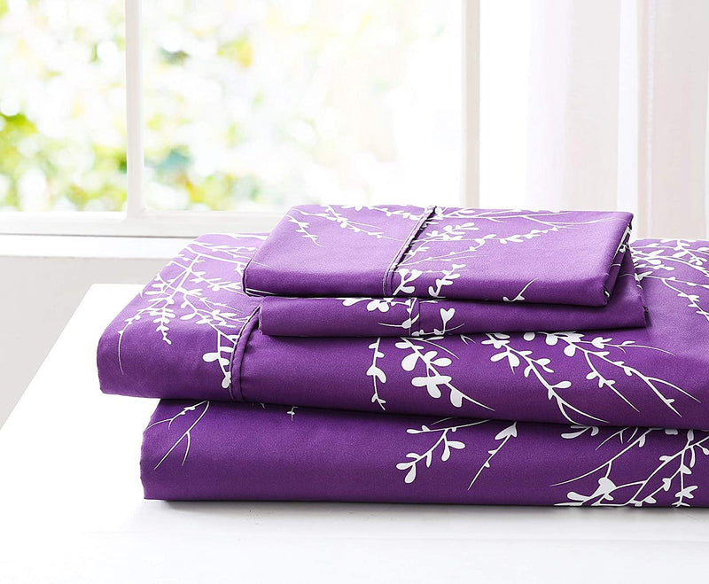 SL SPIRIT LINEN HOME EST. 1988 - Queen Sheet Set, Super Soft Microfiber Bedding, Elegant Foliage Design & Ideal for All Seasons (Queen, Purple/White)