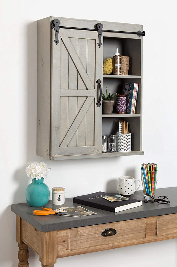 Kate and Laurel Cates Decorative Wood Wall Storage Cabinet with Sliding Barn Door, Rustic Gray