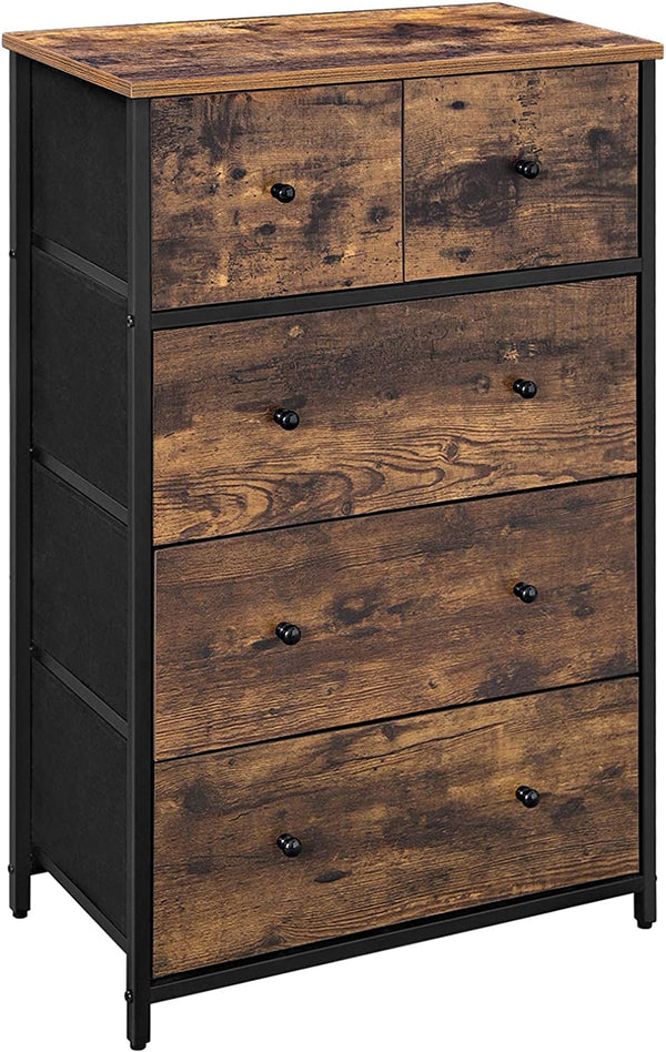 SONGMICS Drawer Dresser, Storage Dresser Tower with 5 Fabric Drawers, Wooden Front and Top, Industrial Style Dresser Unit, for Living Room, Hallway, Nursery, Brown and Black ULGS45H