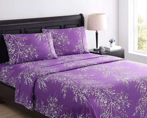 SL SPIRIT LINEN HOME EST. 1988 - Queen Sheet Set, Super Soft Microfiber Bedding, Elegant Foliage Design & Ideal for All Seasons (Queen, Purple/White)