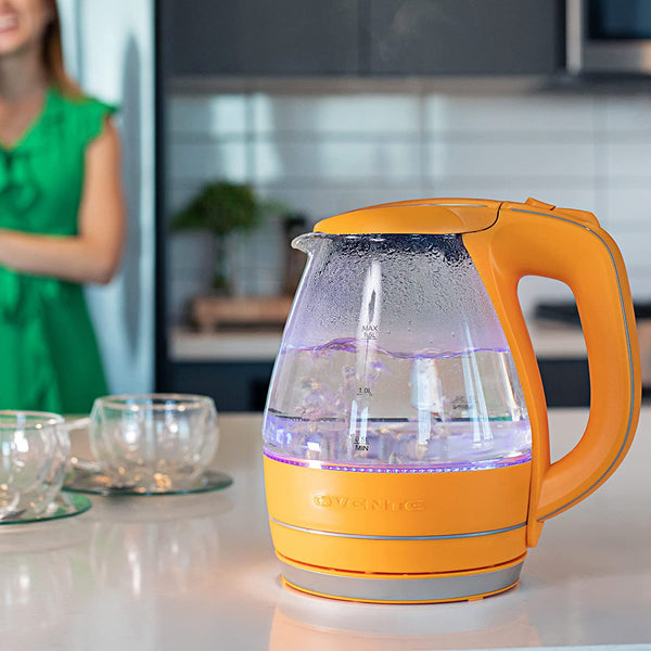 Ovente Glass Electric Kettle, 1.5 Liter BPA Free Borosilicate Glass Fast Boiling Countertop Heater with Automatic Shut Off & Boil Dry Protection, Hot water Boiler for Tea & Coffee, Orange KG83O