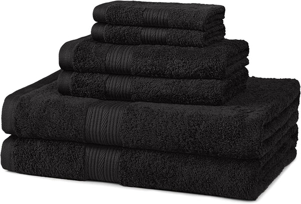 Amazon Basics 6-Piece Fade Resistant Bath, Hand and Washcloth Towel Set -Cotton, Black