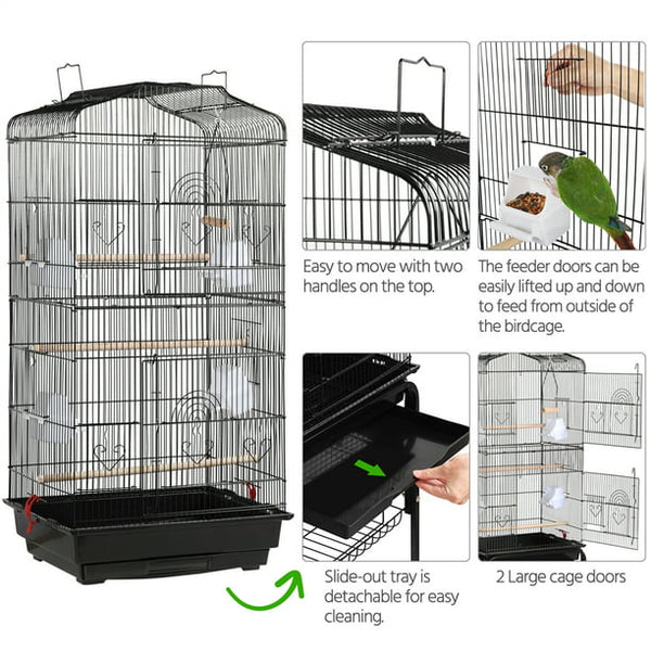 Easyfashion 62" Rolling Bird Cage with Rolling Black Stand and Perch