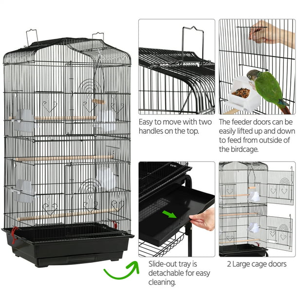 Easyfashion 62" Rolling Bird Cage with Rolling Black Stand and Perch