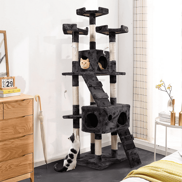 Coziwow 67" Cat Tree & Condo Scratching Post Tower, Gray with Paws